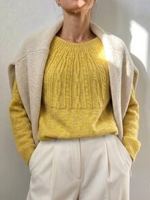 Breezaya Women's Solid Color Round Neck Cable Knit Loose Drape Drop Shoulder Vintage Soft Style Knit Top - Yellow - View 3