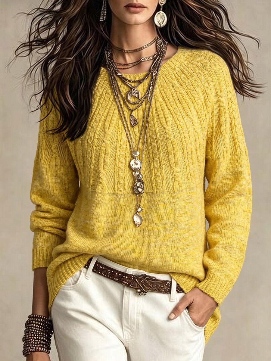 Breezaya Women's Solid Color Round Neck Cable Knit Loose Drape Drop Shoulder Vintage Soft Style Knit Top - Yellow - View 1