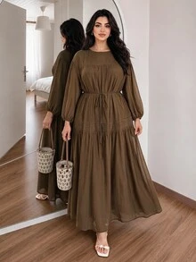 Solavon 大尺碼女款素色百褶休閒派對洋裝 - 咖啡棕 - 查看 9