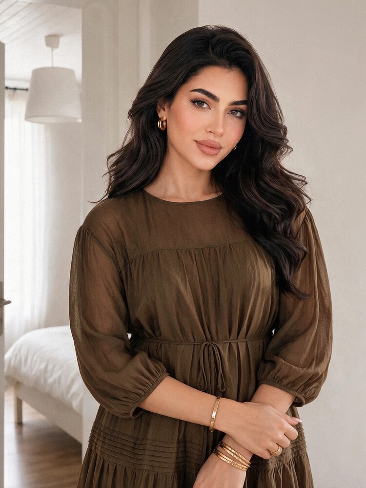 Solavon Plus Size Women's Solid Color Pleated Casual Party Dress - Coffee Brown - View 8