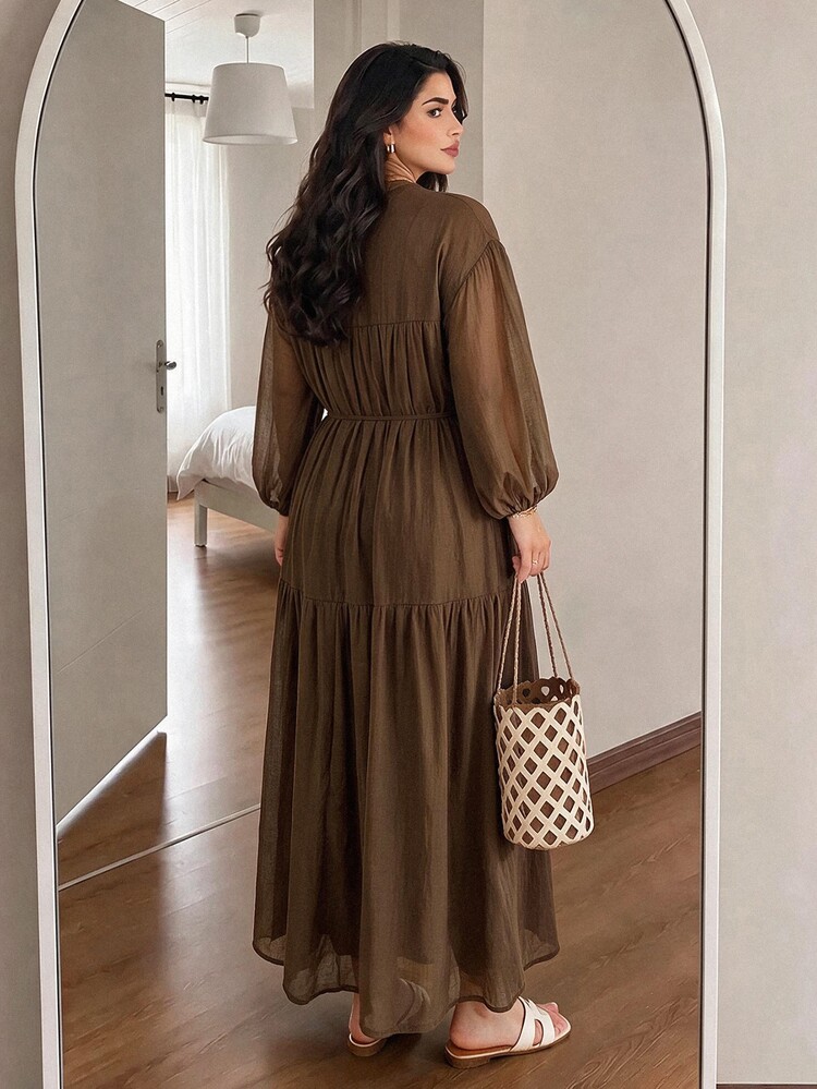Solavon Plus Size Women's Solid Color Pleated Casual Party Dress - Coffee Brown - View 2