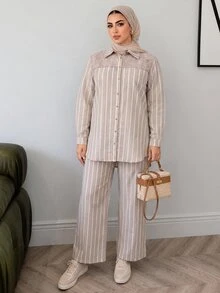 Solavon Plus Size Women's Striped Long Sleeve Single-Breasted Shirt And Pants Casual Two Pieces Set - Multicolor - View 6
