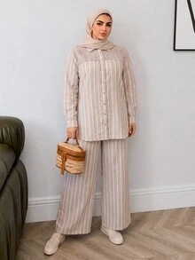Solavon Plus Size Women's Striped Long Sleeve Single-Breasted Shirt And Pants Casual Two Pieces Set - Multicolor - View 5