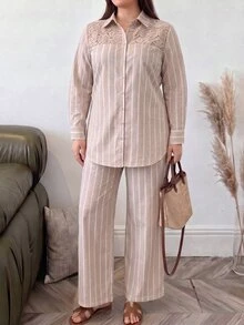 Solavon Plus Size Women's Striped Long Sleeve Single-Breasted Shirt And Pants Casual Two Pieces Set - Multicolor - View 7