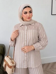 Solavon Plus Size Women's Striped Long Sleeve Single-Breasted Shirt And Pants Casual Two Pieces Set - Multicolor - View 4