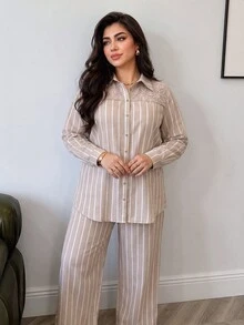 Solavon Plus Size Women's Striped Long Sleeve Single-Breasted Shirt And Pants Casual Two Pieces Set - Multicolor - View 1