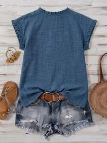 SHEIN Women's Spring/Summer Frill Trim Round Neck Single-Breasted Sleeveless Blouse, Loose Boho Casual Style For Commuting Vacation Afternoon Tea Aqua Blue - Blue - View 2