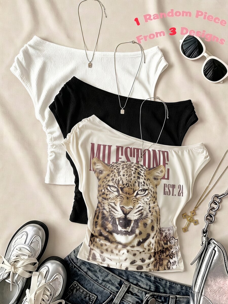 SHEIN Teen Girl Summer Casual Leopard Print Asymmetric Collar T-Shirt, 1 Random Piece From 3 Designs - Khaki - View 1