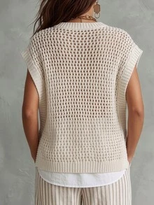 Linhara CURVE Relaxed Fit Chunky Hollow Knit Vest For Women, Round Neck Sleeveless Tank Top, Loose Layering Knit Top For Spring And Autumn - Apricot - View 2