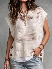 Linhara CURVE Relaxed Fit Chunky Hollow Knit Vest For Women, Round Neck Sleeveless Tank Top, Loose Layering Knit Top For Spring And Autumn - Apricot - View 6