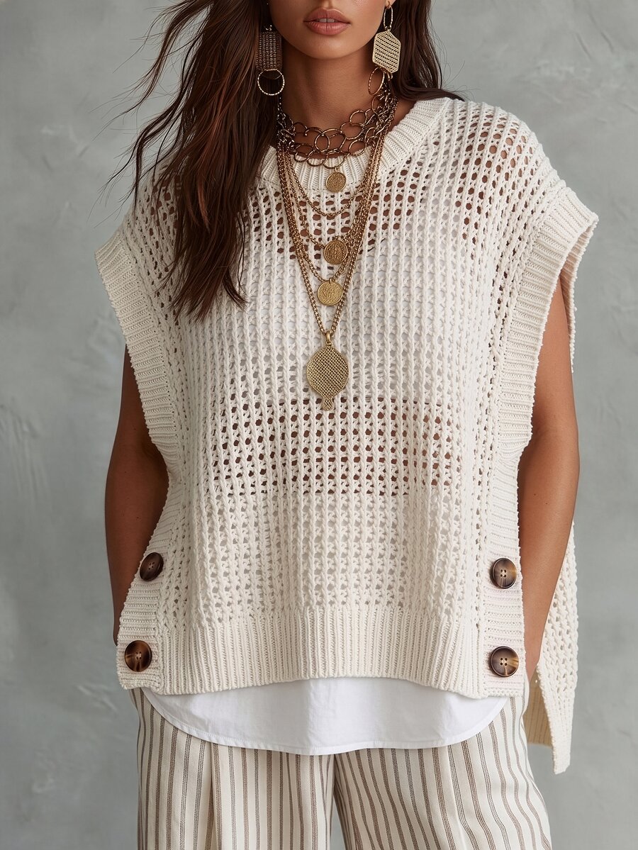 Linhara CURVE Relaxed Fit Chunky Hollow Knit Vest For Women, Round Neck Sleeveless Tank Top, Loose Layering Knit Top For Spring And Autumn - Apricot - View 1