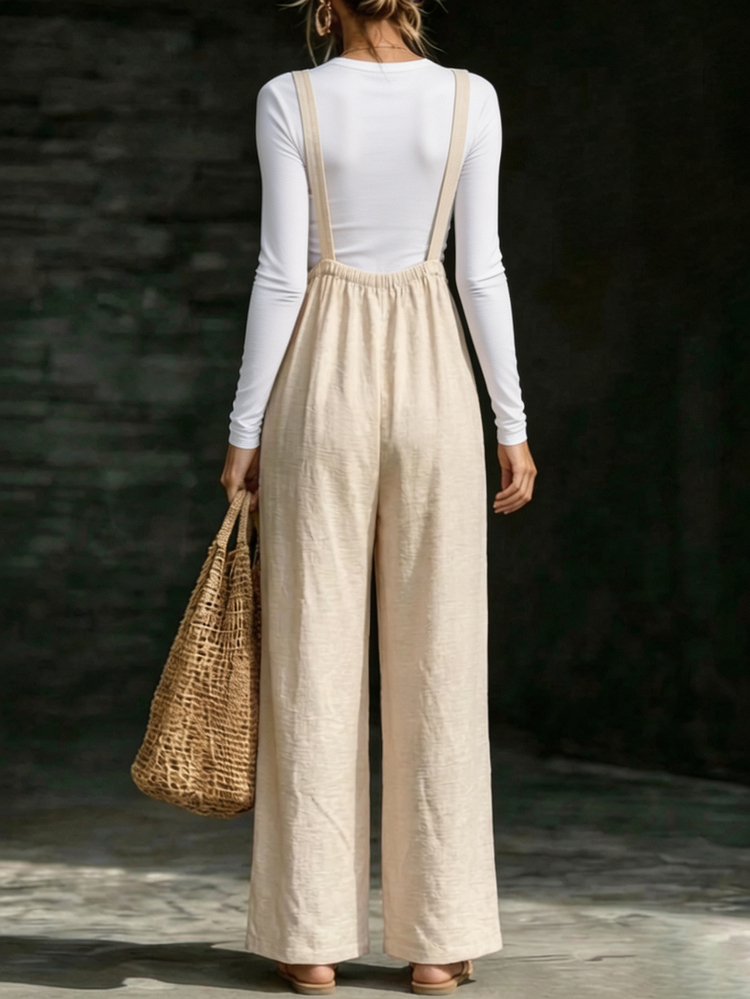 SHEIN Holidaya Women's Button Decor Casual Tropical Wide Leg Suspenders Pants, Autumn Vacation Beige - Apricot - View 2