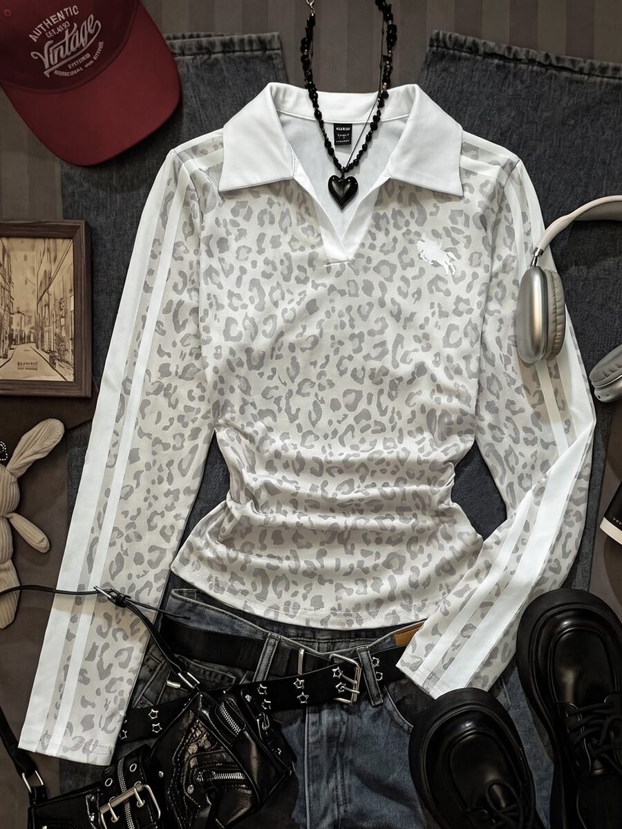 SHEIN 少女豹紋撞色兒童領口T恤 - 灰色 - 查看 1