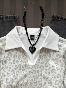 SHEIN 少女豹紋撞色兒童領口T恤 - 灰色 - 查看 3