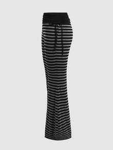 SHEIN Teen Girl Teen Girls Fall/Winter Street-Style Side Drawstring Striped Flared Pants Bell Bottom Pants - Dark Grey - View 4