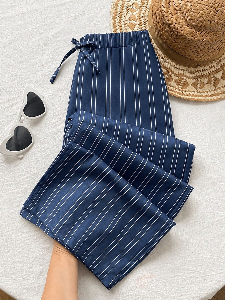 SHEIN Tween Girl Striped Casual Kids Versatile Daily Wear Long Pants - Navy Blue - View 1