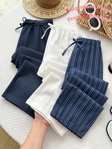 SHEIN 青少年女孩條紋休閒童裝百搭日常穿著長褲 - 藏蓝色 - 查看 1