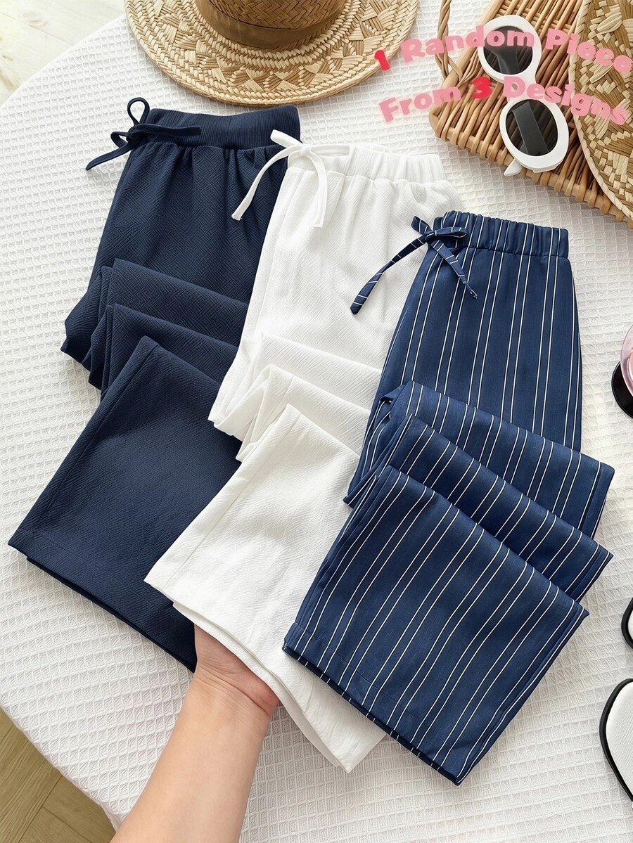 SHEIN 青少年女孩條紋休閒童裝百搭日常穿著長褲 - 藏蓝色 - 查看 1