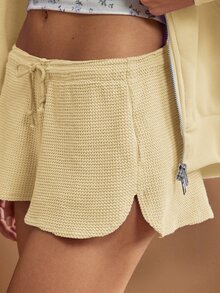 WESTFADE Yellow Cute Mid Rise Tie Front Textured Knit Lounge Short, Fall, Winter, Autumn, Female Country Look, Cowgirl, Back To School, Western - Yellow - View 2