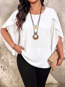 EMERY ROSE Blus Pullover Wanita Plus Size Putih Polos Kerah Bulat Longgar Gaya Minimalis Elegan Kasual untuk Semua Musim, Cocok untuk Harian, Ngantor, Acara Formal dan Pesta Musim Gugur - Putih - View 3