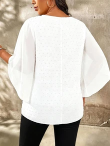 EMERY ROSE Blus Pullover Wanita Plus Size Putih Polos Kerah Bulat Longgar Gaya Minimalis Elegan Kasual untuk Semua Musim, Cocok untuk Harian, Ngantor, Acara Formal dan Pesta Musim Gugur - Putih - View 2