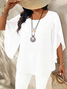 EMERY ROSE Blus Pullover Wanita Plus Size Putih Polos Kerah Bulat Longgar Gaya Minimalis Elegan Kasual untuk Semua Musim, Cocok untuk Harian, Ngantor, Acara Formal dan Pesta Musim Gugur - Putih - View 5