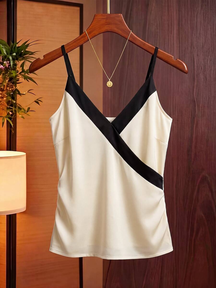 GlowEve CURVE Plus Size Women Contrast Color Black Patchwork Waist Cinched Sexy Cropped Sleeveless Camisole - Multicolor - View 1