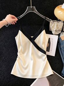 GlowEve CURVE Plus Size Women Contrast Color Black Patchwork Waist Cinched Sexy Cropped Sleeveless Camisole - Multicolor - View 9