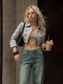 TRNVIE Women's Hip Hop Fashion Button Cropped Jacket Street Style - Grey - View 3