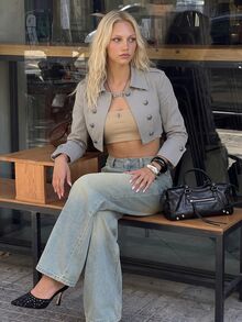 TRNVIE Women's Hip Hop Fashion Button Cropped Jacket Street Style - Grey - View 4