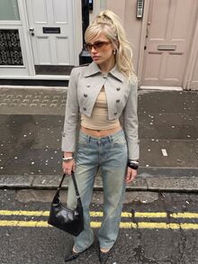 TRNVIE Women's Hip Hop Fashion Button Cropped Jacket Street Style - Grey - View 5