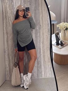 Voyena Women's Plus Size Solid Color Asymmetrical Shoulder Ruched Casual Daily Sports T-Shirt Fall - Dark Grey - View 5