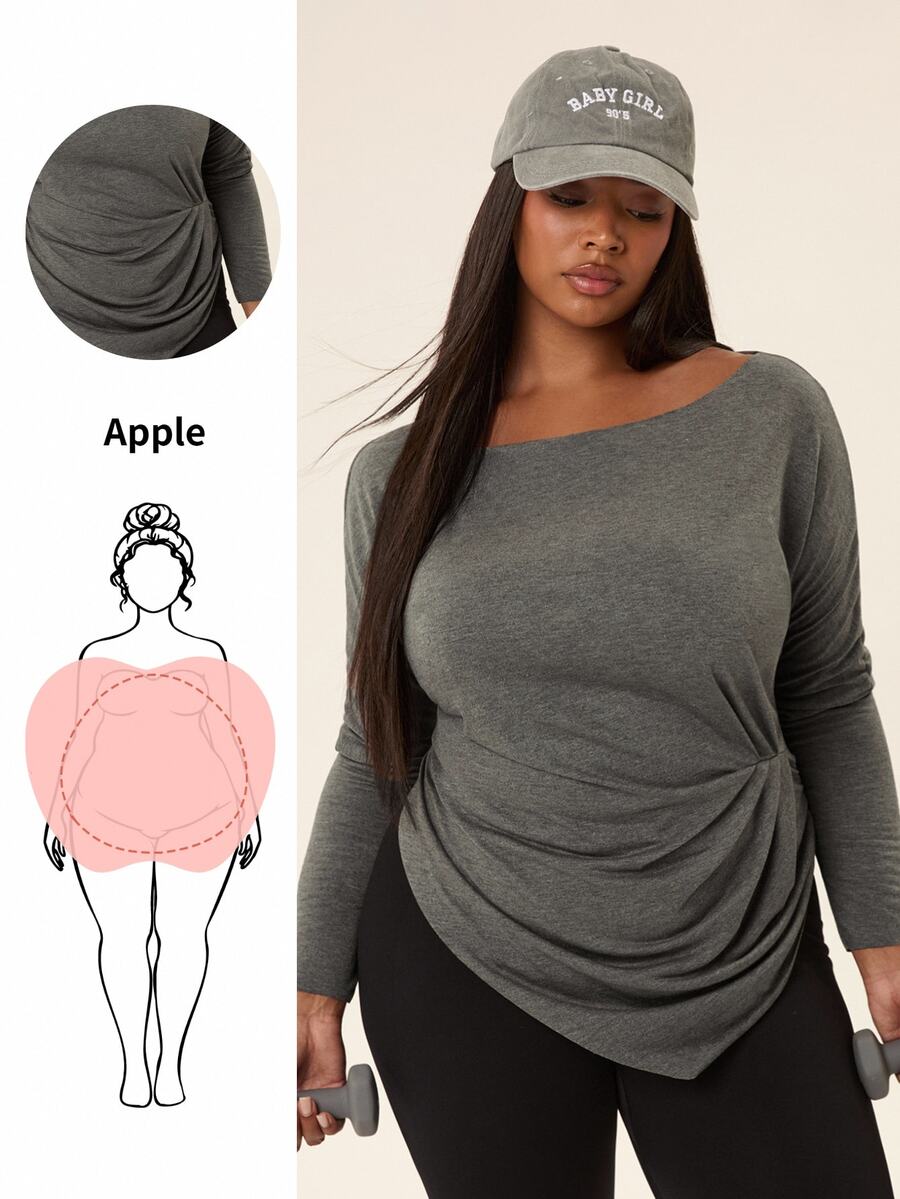 Voyena Women's Plus Size Solid Color Asymmetrical Shoulder Ruched Casual Daily Sports T-Shirt Fall