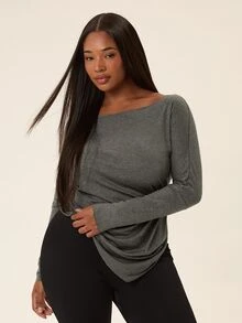 Voyena Women's Plus Size Solid Color Asymmetrical Shoulder Ruched Casual Daily Sports T-Shirt Fall - Dark Grey - View 8