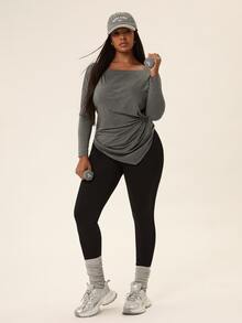 Voyena Women's Plus Size Solid Color Asymmetrical Shoulder Ruched Casual Daily Sports T-Shirt Fall - Dark Grey - View 9