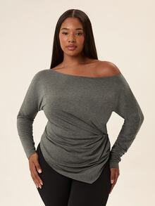 Voyena Women's Plus Size Solid Color Asymmetrical Shoulder Ruched Casual Daily Sports T-Shirt Fall - Dark Grey - View 6