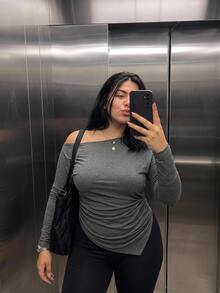 Voyena Women's Plus Size Solid Color Asymmetrical Shoulder Ruched Casual Daily Sports T-Shirt Fall - Dark Grey - View 4