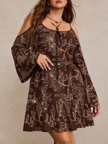 Freevana 女款大尺碼棕色刺繡寬鬆A字短洋裝，細肩帶喇叭袖，優雅派對與休閒穿搭，適合秋冬 - 棕色 - 查看 9