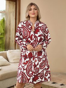 Rosumi Gaun Lengan Panjang Kasual Motif Blok Warna Ukuran Besar untuk Wanita, Pakaian Tahun Baru, Motif Bunga/Musim Semi/Musim Panas/Liburan - MultiWarna - View 8