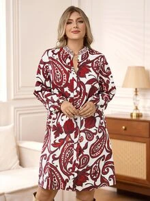 Rosumi Gaun Lengan Panjang Kasual Motif Blok Warna Ukuran Besar untuk Wanita, Pakaian Tahun Baru, Motif Bunga/Musim Semi/Musim Panas/Liburan - MultiWarna - View 2