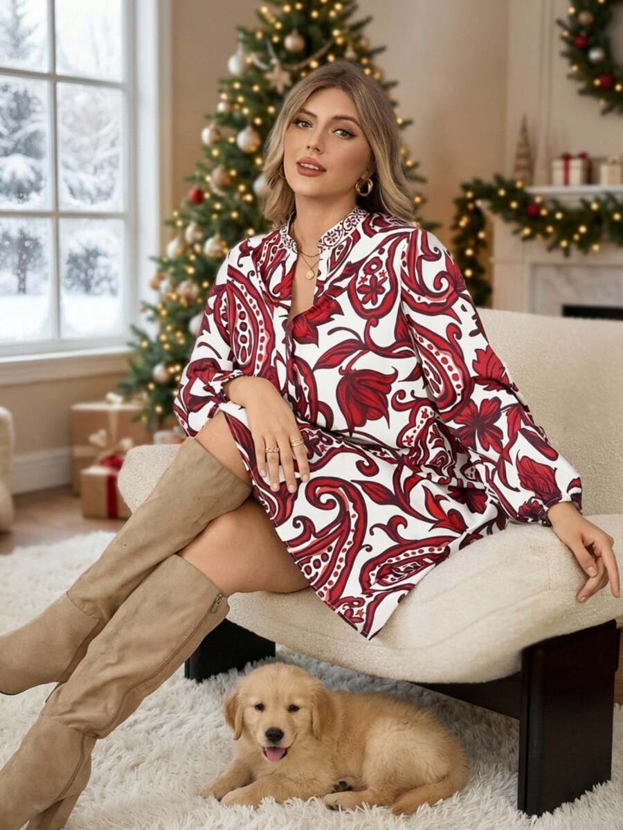 Rosumi Gaun Lengan Panjang Kasual Motif Blok Warna Ukuran Besar untuk Wanita, Pakaian Tahun Baru, Motif Bunga/Musim Semi/Musim Panas/Liburan - MultiWarna - View 1