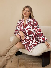Rosumi Gaun Lengan Panjang Kasual Motif Blok Warna Ukuran Besar untuk Wanita, Pakaian Tahun Baru, Motif Bunga/Musim Semi/Musim Panas/Liburan - MultiWarna - View 4