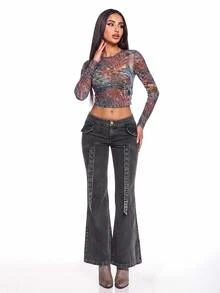 SHEIN ICON Flap Detail Flare Leg Pants - Black - View 1
