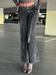 SHEIN ICON Flap Detail Flare Leg Pants - Black - View 6