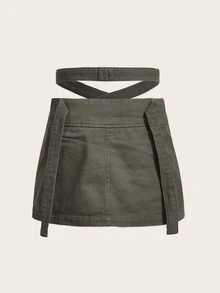 SHEIN X KeniaOs SHEIN ICON Criss Cross Waist Button Front Skirt - Army Green - View 2