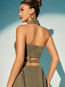 SHEIN X KeniaOs SHEIN ICON Cut Out Front Crop Halter Top - Army Green - View 4