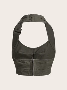 SHEIN X KeniaOs SHEIN ICON Cut Out Front Crop Halter Top - Army Green - View 2