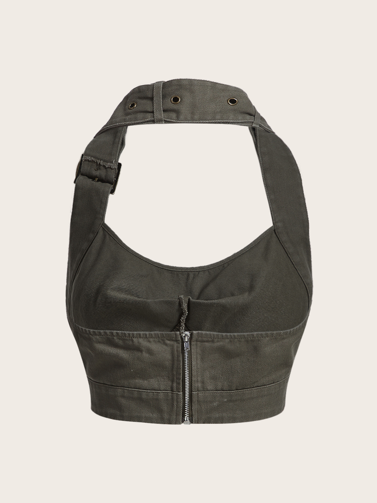 SHEIN X KeniaOs SHEIN ICON 前部剪裁短款露背上衣 - 軍綠色 - 查看 2
