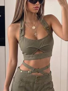 SHEIN X KeniaOs SHEIN ICON Cut Out Front Crop Halter Top - Army Green - View 1