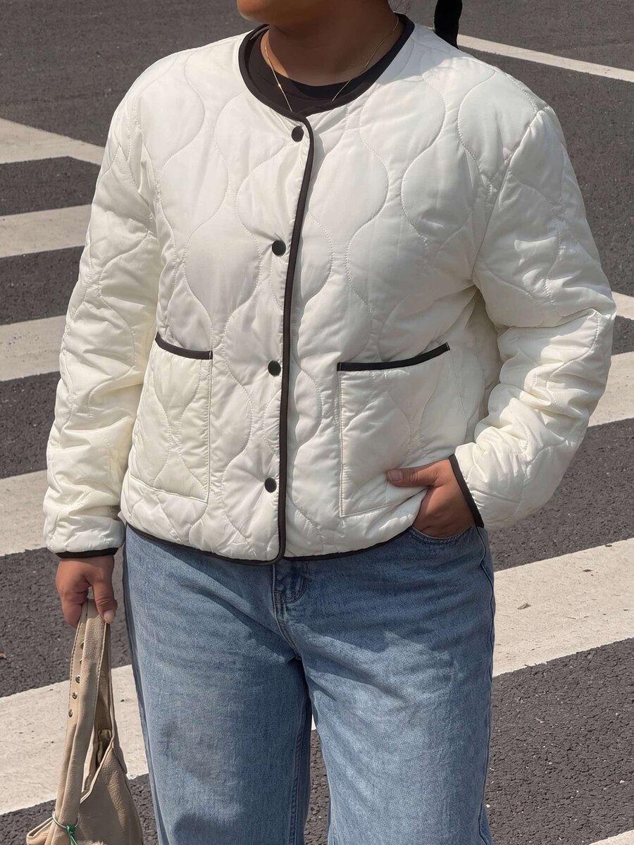 Muchica Plus Size Women's Colorblock Casual Versatile Long Sleeve Jacket For Daily Wear Winter - White - View 1